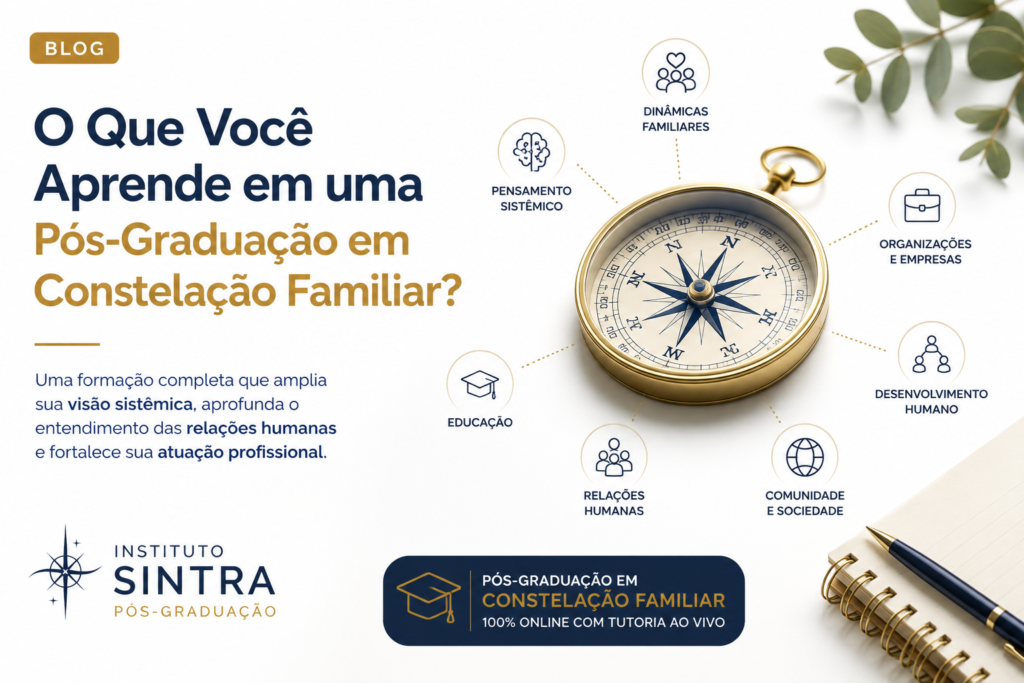 Imagem sobre o que se aprende em uma Pós-Graduação em Constelação Familiar, destacando pensamento sistêmico, relações humanas, desenvolvimento humano, educação e organizações.